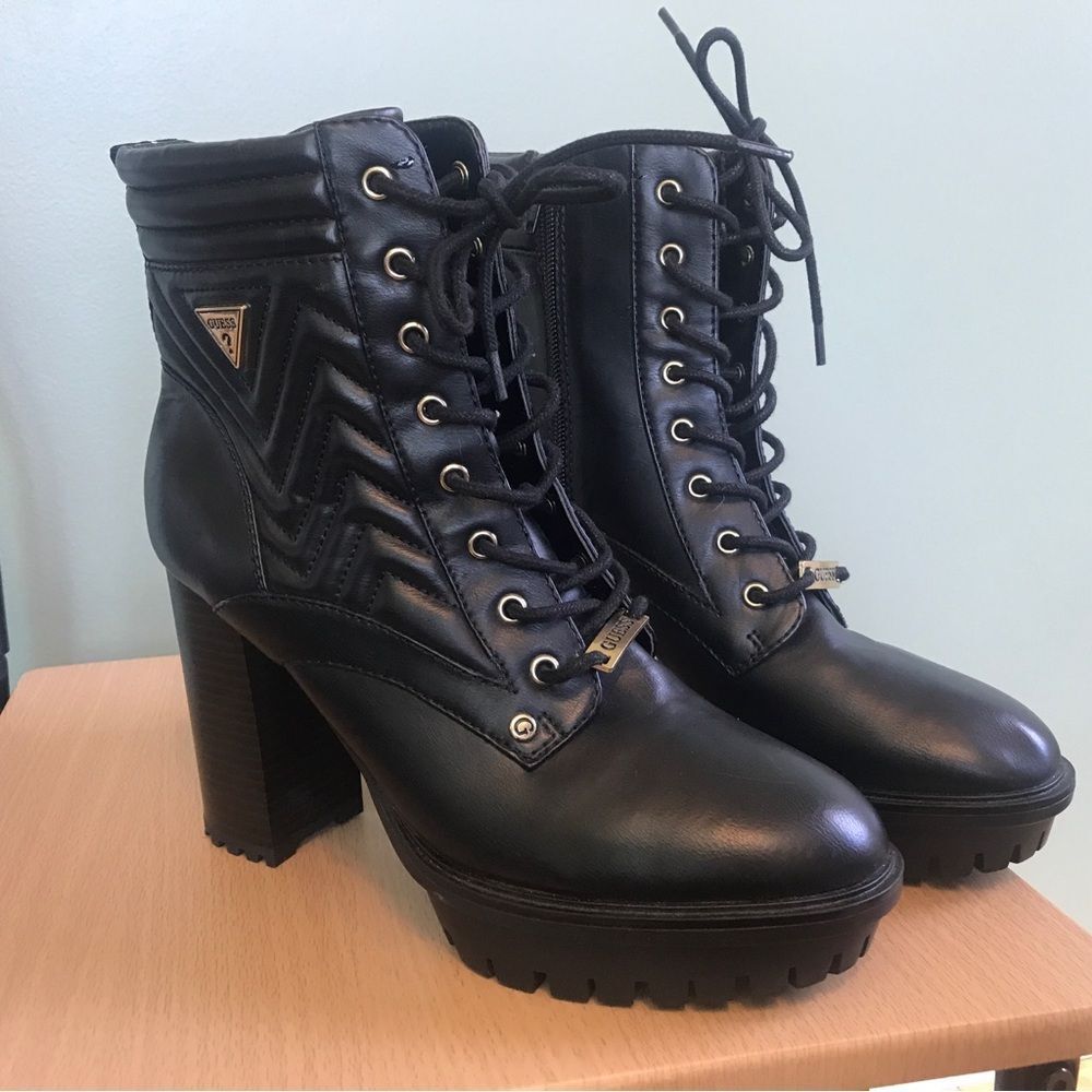 GUESS Manners Platform Heel Lace-Up Boots (9) - Picture 3 of 13